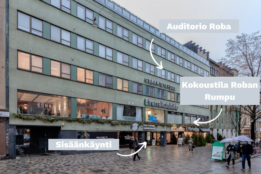 Osaamistehdas Kokoustilat - Kokoustilat Punavuori - Saapumisohjeet ja opasteet Auditorio Roba, Kokoustila Roban Rumpu